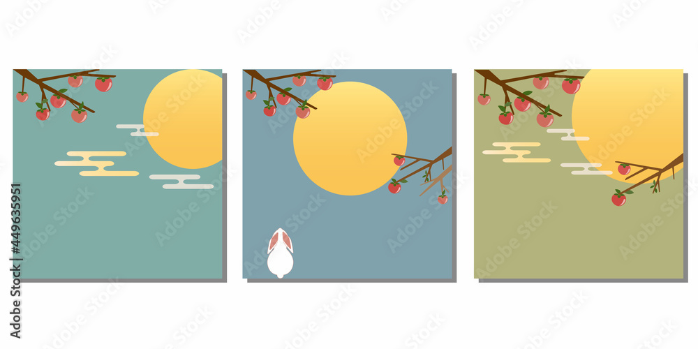 Set of Mid autumn festival Square template. rabbits, moon, Happy Mid Autumn, Full moon and Persimmon trees, Traditional Asian holiday poster, banner design collection. Hand drawn vector illustration.