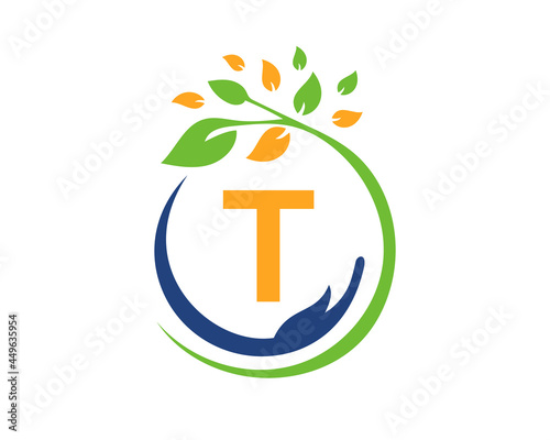 Charity logo with hand, leaf and T letter concept. Hand care foundation logo