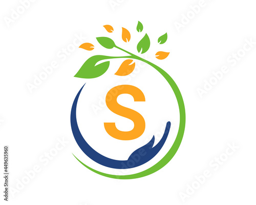 Charity logo with hand, leaf and S letter concept. Hand care foundation logo