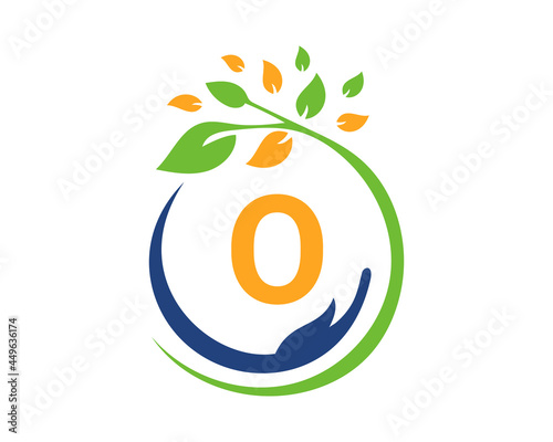 Charity logo with hand, leaf and O letter concept. Hand care foundation logo