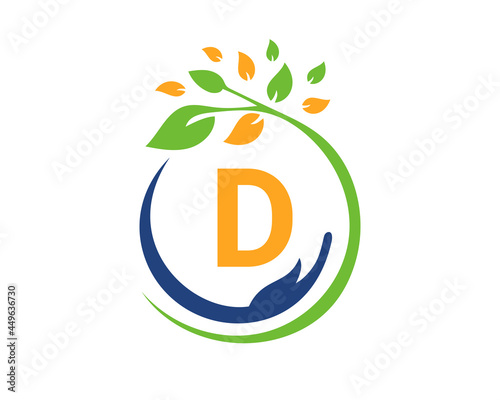 Charity logo with hand, leaf and D letter concept. Hand care foundation logo