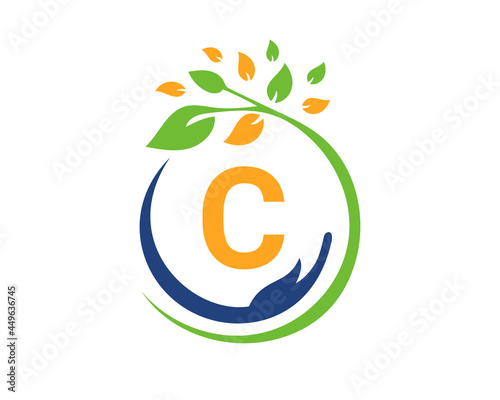 Charity logo with hand, leaf and C letter concept. Hand care foundation logo