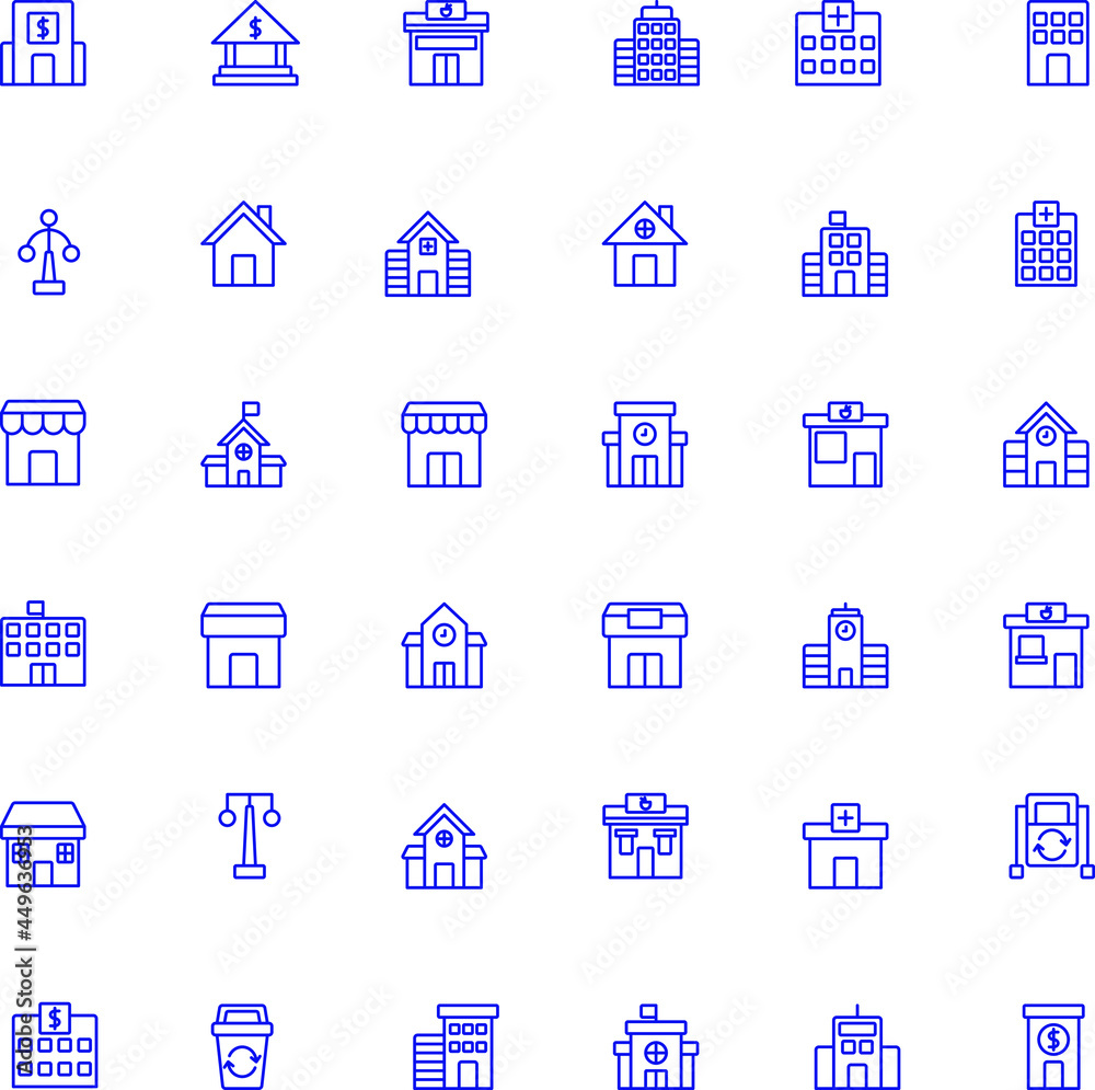 buildings of city outline flat icon collection set