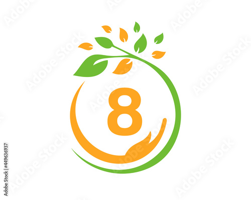 Charity logo with hand, leaf and 8 letter concept. Hand care foundation logo design
