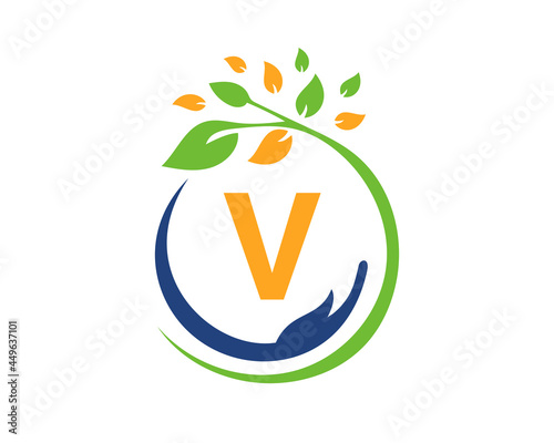Charity logo with hand, leaf and V letter concept. Hand care foundation logo