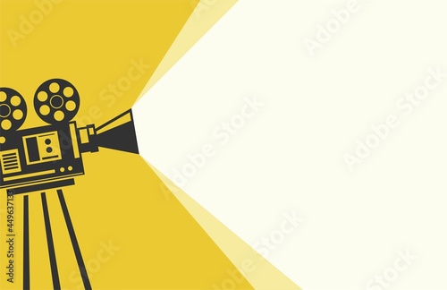 Vector yellow and white background with lighting old fashioned camera on the tripod