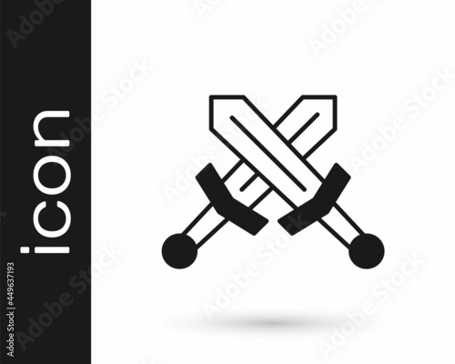 Black Crossed medieval sword icon isolated on white background. Medieval weapon. Vector