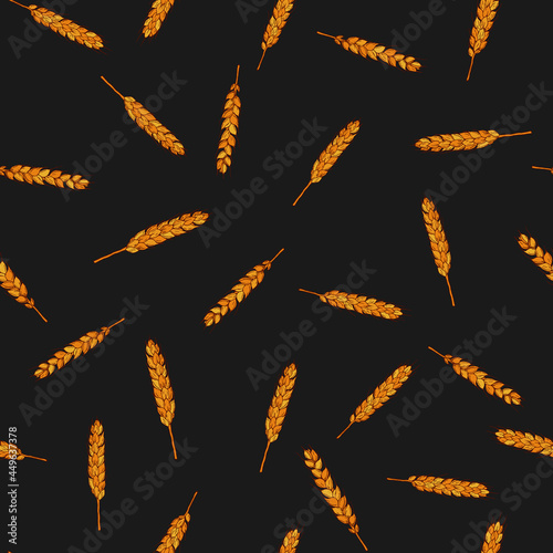 Seamless wheat ears pattern on black background