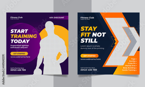 Fitness gym social media post instagram square banner design template for fitness studio promotion