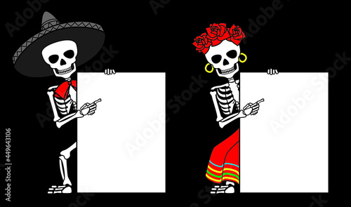 Skeleton in sombrero and Skeleton in red skirt point their finger at empty blank. Day of the daed vector illustration.