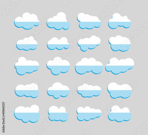 Vector illustration of collection of clouds. Set of blue and white clouds. Flat