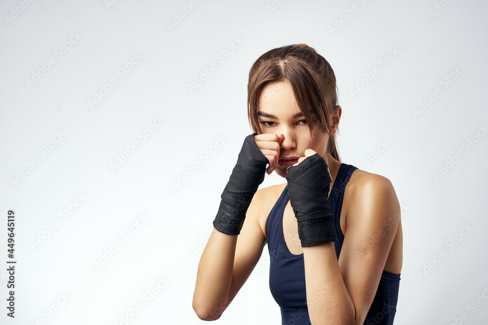 sportive woman with bandaged hands boxing exercise workout sportive woman with bandaged hands boxing exercise workout
