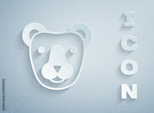 Paper cut Bear head icon isolated on grey background. Paper art style. Vector