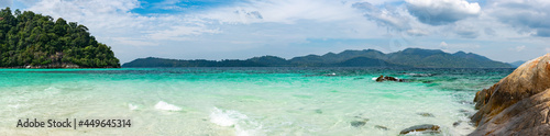 Panorama view of Tarutao National Park on a sunny day, landmark of tourist destination, located at Satun Province, Thailand. Summer vacation concept.