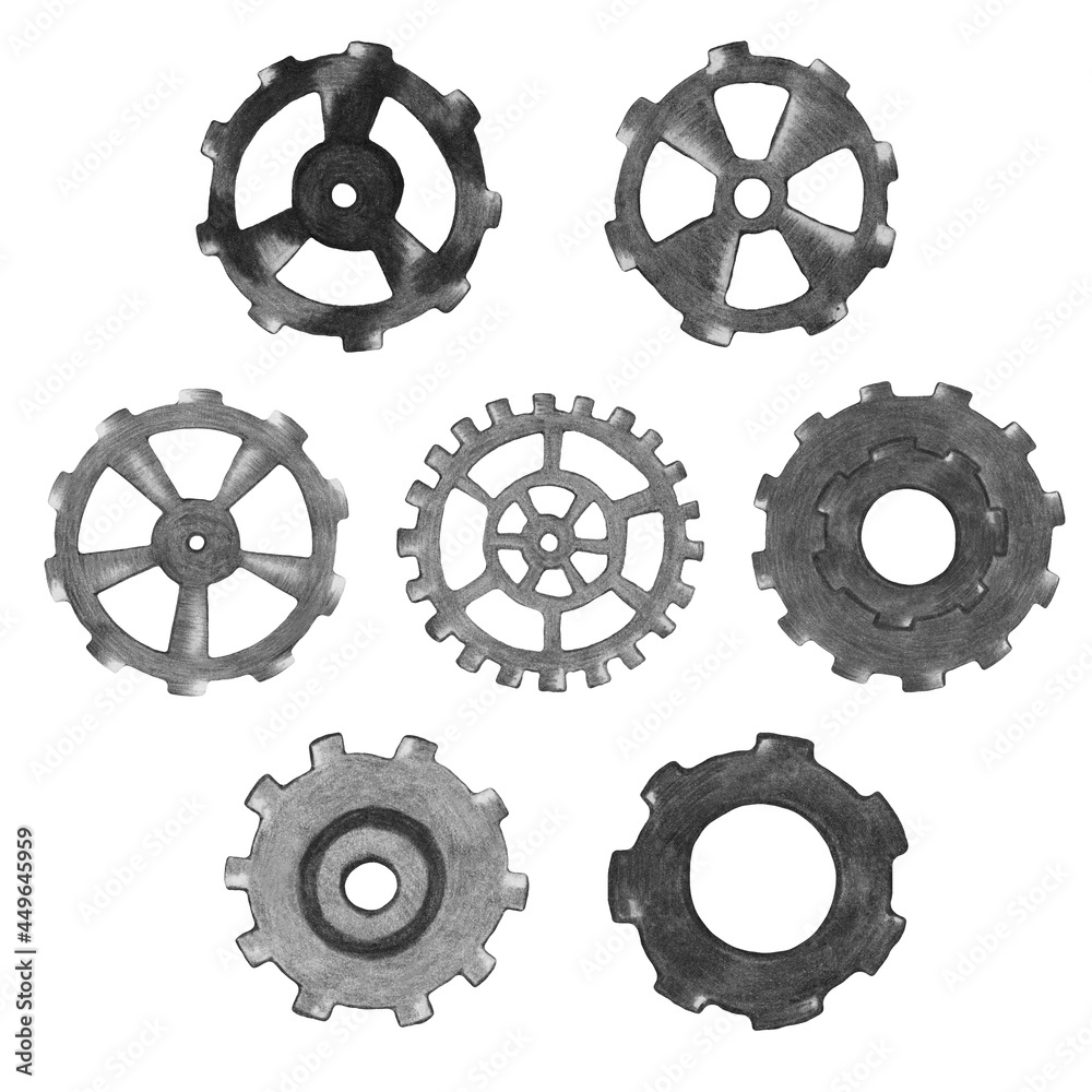 Set of Steampunk Gear Transmission Element Isolated on White Background. Set of Steampunk Gear Transmission Element Isolated on White Background.