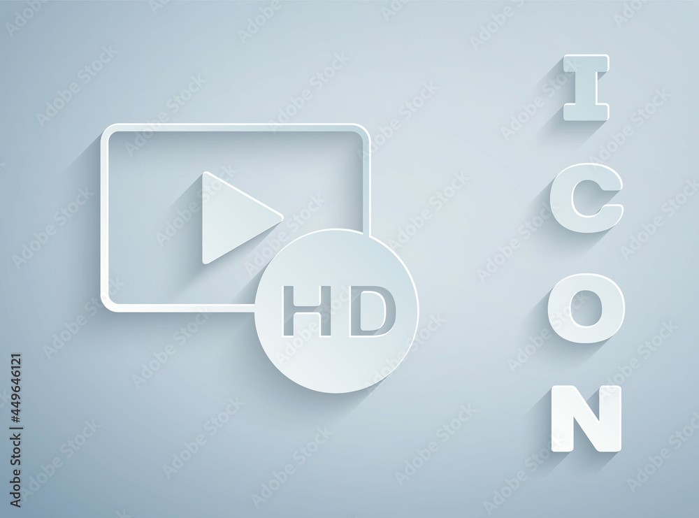 Paper cut Hd movie, tape, frame icon isolated on grey background. Paper art style. Vector Paper cut Hd movie, tape, frame icon isolated on grey background. Paper art style. Vector