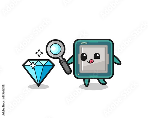 processor mascot is checking the authenticity of a diamond