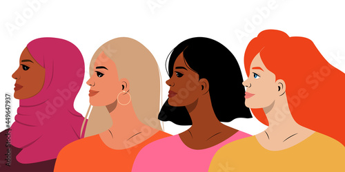 Portraits of Four women of different nationalities and cultures standing together. The concept of gender equality and of the female empowerment movement.Vector illustration