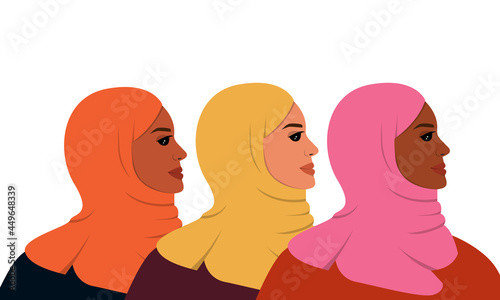 Three Arabian women are standing together. Emirati Women's day greeting card with young Muslim females wearing colorful hijabs. Vector illustration 