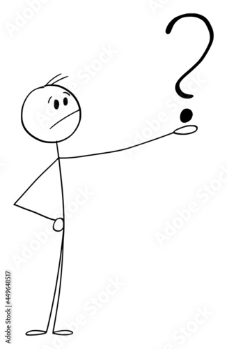Unsure Asking Person Looking for Answer Holding Question Mark, Vector Cartoon Stick Figure Illustration