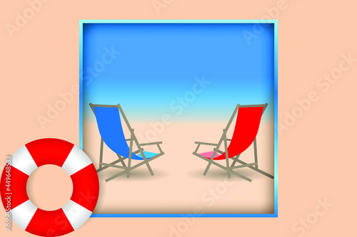 Red and blue beach chairs on the sandy beach and color lifebuoy. Seascape with layering effect