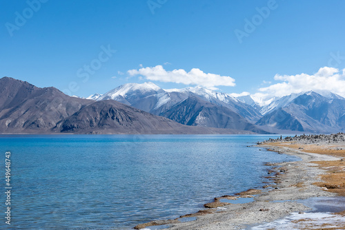 Pangong Tso  Tibetan for  high grassland lake   also referred to as Pangong Lake  is an endorheic lake in the Himalayas situated at a height of about 4 350 m. at Leh Ladakh  Jammu and Kashmir  India.