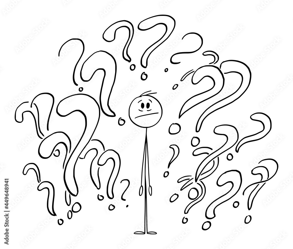 Person Surrounded by Question Marks or Symbols, Unsure Looking for ...