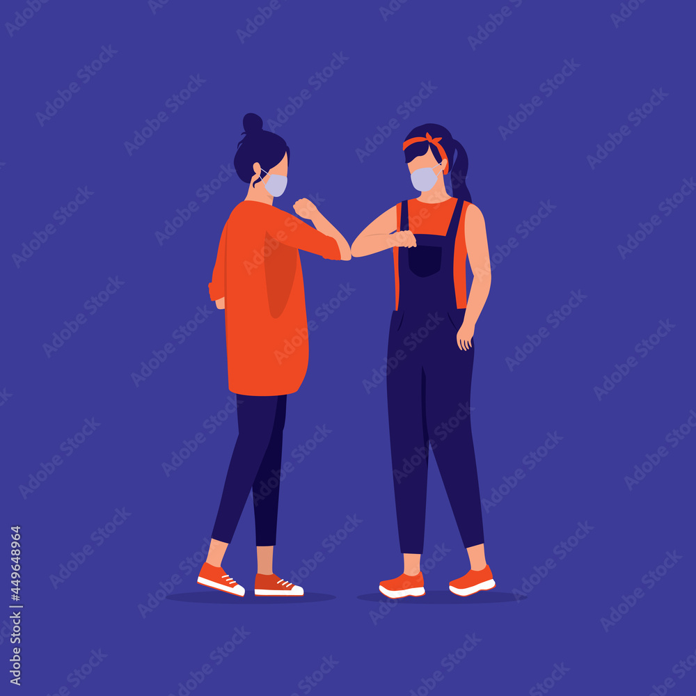 Two Women Greeting With Elbow Bump Instead Of Shaking Hands To Prevent The Spread Of COVID-19. Handshake Alternatives. Social Distancing Greeting. Two Women Greeting With Elbow Bump Instead Of Shaking Hands To Prevent The Spread Of COVID-19. Handshake Alternatives. Social Distancing Greeting.