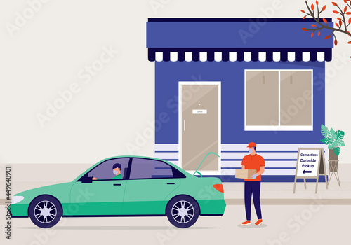 Male Employee With Protective Face Mask And Glove Putting Groceries In Customer Car Trunk. Contactless Curbside Pickup During COVID-19 Pandemic.
