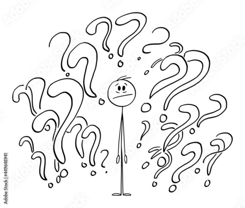 Person Surrounded by Question Marks or Symbols, Unsure Looking for Answer, Vector Cartoon Stick Figure Illustration