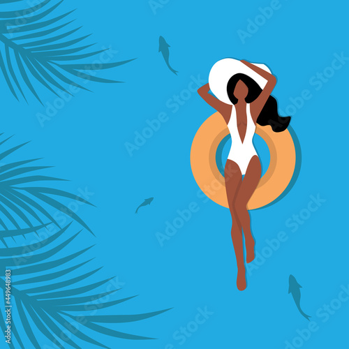 Young woman swim in a pool float. Women chilling, enjoy summer and relax. Top view. Vector illustration
