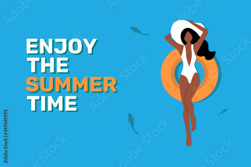 Young woman swim in a pool float. Women chilling, enjoy summer and relax. Top view. Vector illustration