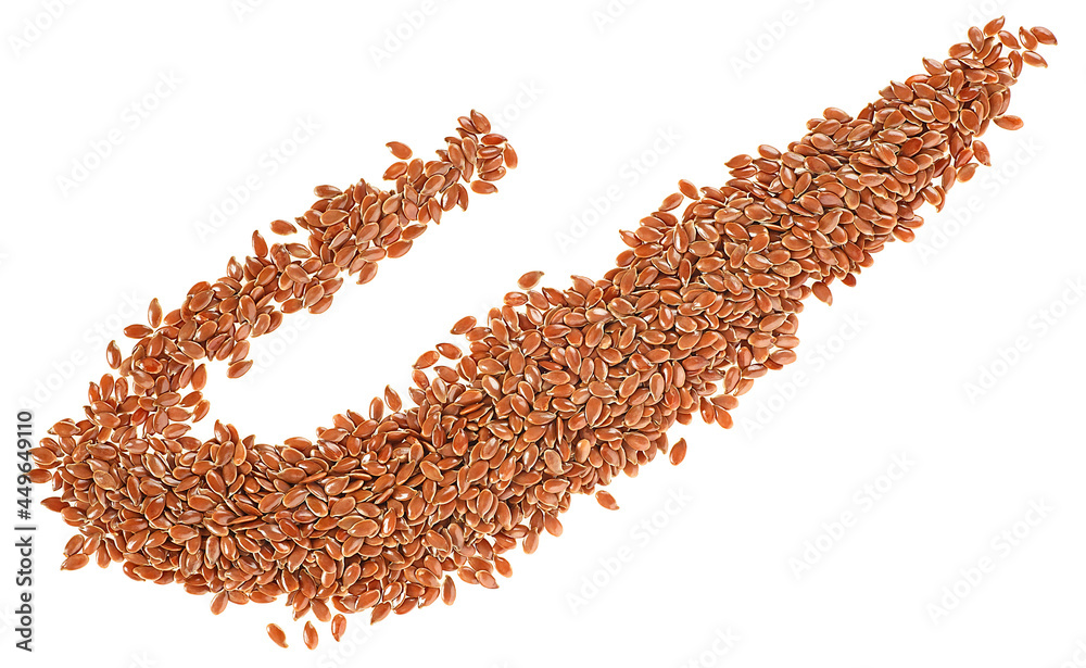 Pile of flax seeds isolated on a white background, top view. Bio organic flax seeds. Pile of flax seeds isolated on a white background, top view. Bio organic flax seeds.