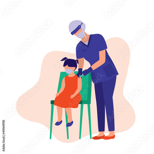 Girl With Face Mask Receiving COVID-19 Vaccine In Her Upper Arm. COVID-19 Vaccination. 