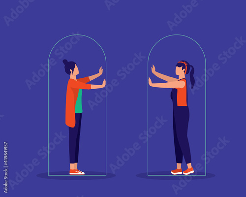 Two Young Women Trapped Under The Glass Dome, Not Able To Connect With One Another. COVID-19 Pandemic Crisis Concept. Lost Touch.