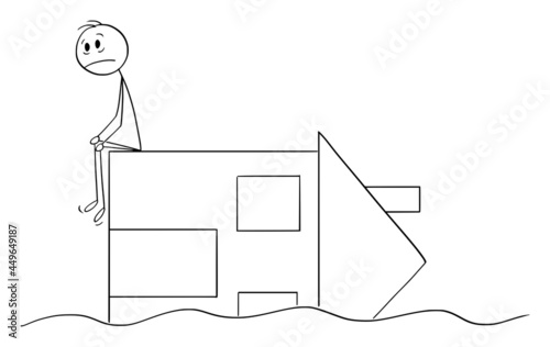 Sad Person Sitting on Flooded Destroyed House , Vector Cartoon Stick Figure Illustration