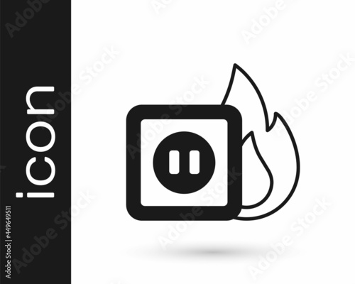 Black Electric wiring of socket in fire icon isolated on white background. Electrical safety concept. Plug outlet on fire. Vector