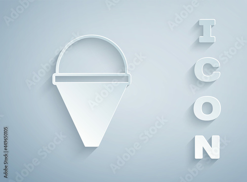 Paper cut Fire cone bucket icon isolated on grey background. Metal cone bucket empty or with water for fire fighting. Paper art style. Vector