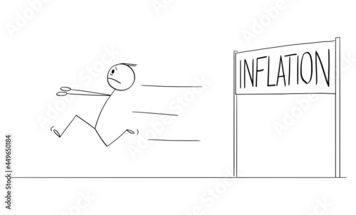 Person or Businessman Running in Fear and Panic from Inflation Sign, Vector Cartoon Stick Figure Illustration