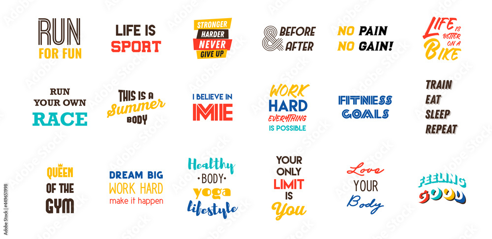 Workout and Fitness Gym Motivation Quote set. Creative Vector Typography Grunge Poster Concept. Workout inspirational Poster. Vector design for gym, textile, posters, t-shirt, cover, banner, cards, ca Workout and Fitness Gym Motivation Quote set. Creative Vector Typography Grunge Poster Concept. Workout inspirational Poster. Vector design for gym, textile, posters, t-shirt, cover, banner, cards, ca