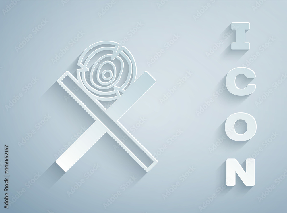 Paper cut Wooden logs on a stand icon isolated on grey background. Stack of firewood. Paper art style. Vector