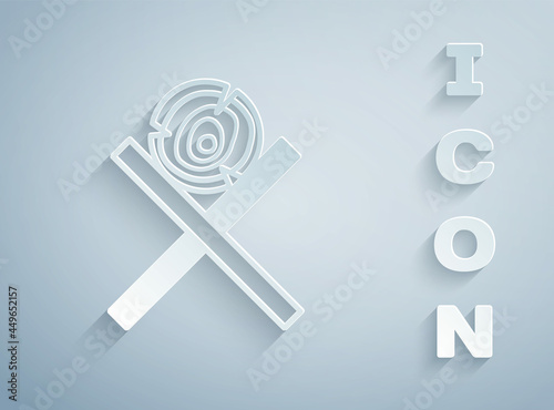 Paper cut Wooden logs on a stand icon isolated on grey background. Stack of firewood. Paper art style. Vector