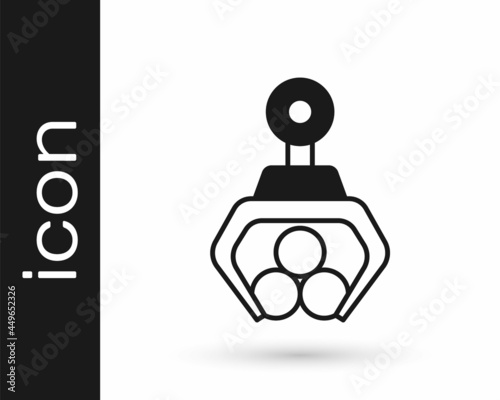 Black Grapple crane grabbed a log icon isolated on white background. Forest industry. Industrial crane for lumber trunk wood production. Vector