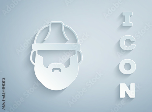 Paper cut Bearded lumberjack man icon isolated on grey background. Paper art style. Vector