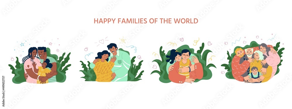 Four happy families hugging. Latin american, african american, european, caucasian, asian. Parenthood, pregnancy, couples, elderly and young people together. Doodle style vector illustration