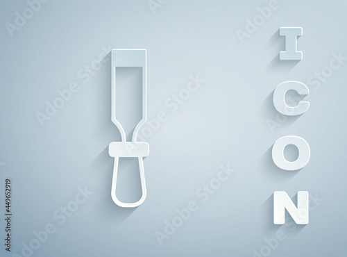 Paper cut Chisel tool for wood icon isolated on grey background. Paper art style. Vector