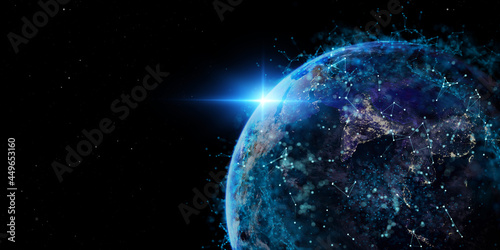 Fototapeta Naklejka Na Ścianę i Meble -  Digital global futuristic world telecommunication network technology connect data of communication technology including 5g 6g iot  element of this image furnished by NASA. 3D rendering. Copy Space.
