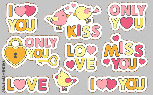 Set of funny doodle stickers with lettering. Love story for weddings day or valentines day