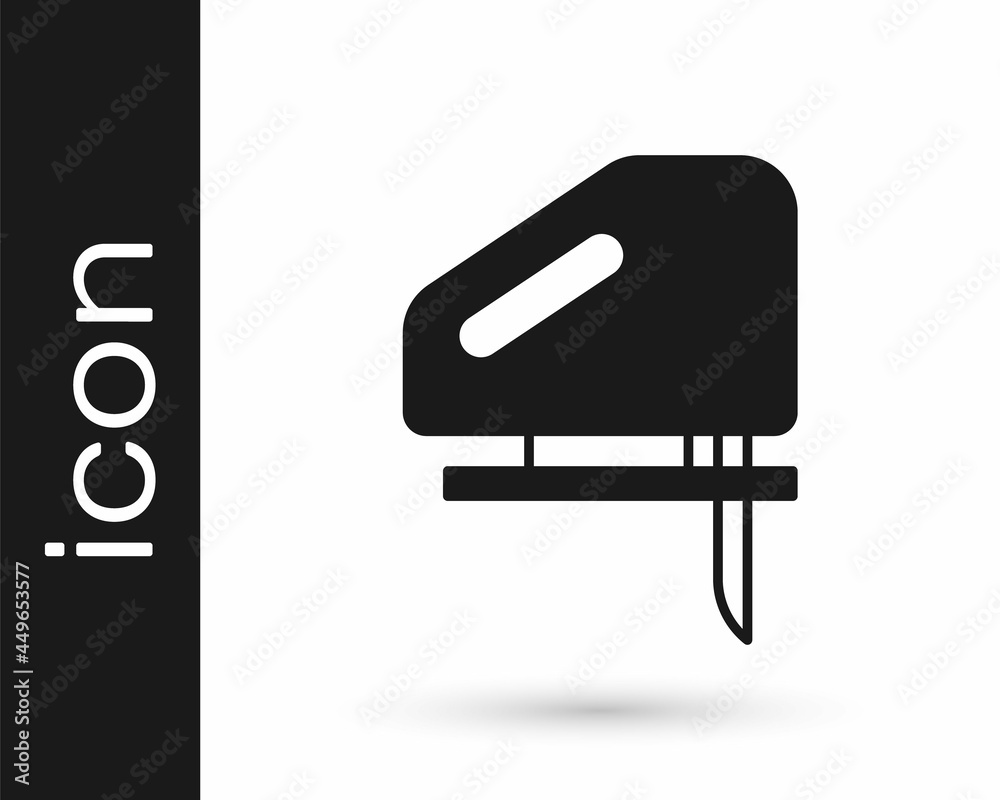 Black Electric jigsaw with steel sharp blade icon isolated on white background. Power tool for woodwork. Vector Black Electric jigsaw with steel sharp blade icon isolated on white background. Power tool for woodwork. Vector