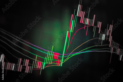 Abstract financial trading graphs and digital number of foreign exchange market trading on monitor. Background of gold and blue digital chart to represent stock market trend.